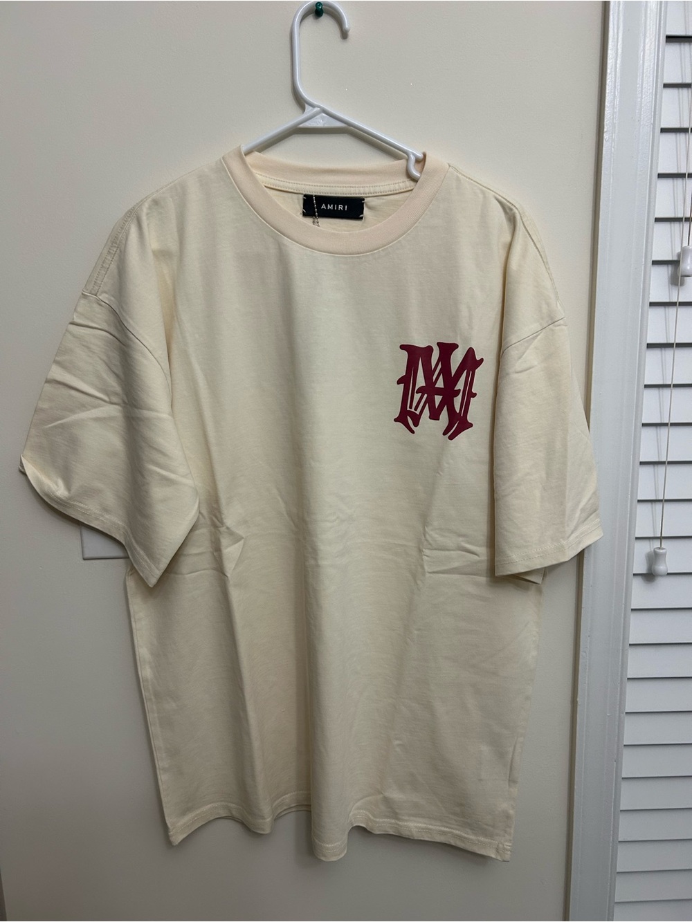 AMIRI Cream Short Sleeve T-Shirt with Burgundy Logo